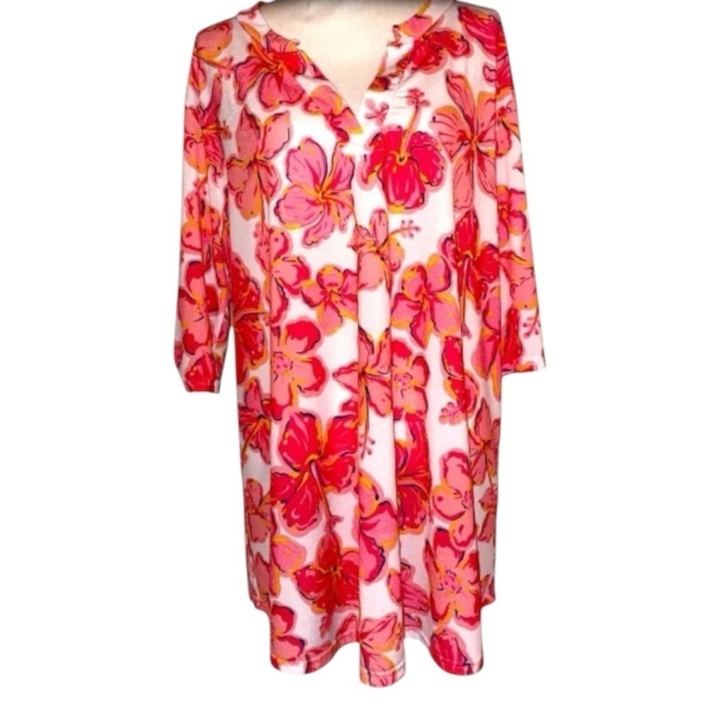 SIMPLY SOUTHERN Blouse “Sarasota” Hibiscus Floral Pattern Pink & white Size XL